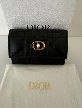 Dior Black Quilted Leather Wallet withGold-Tone Pearl Clasp